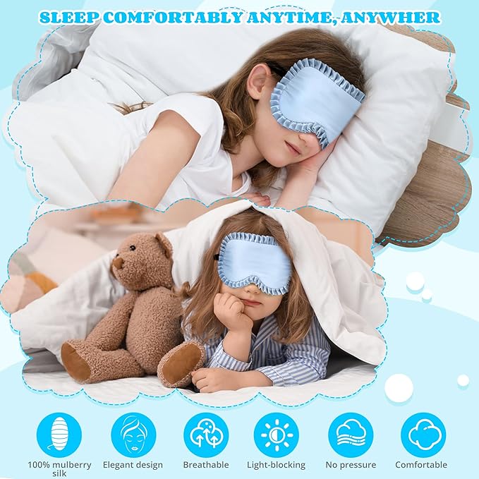Kids Sleep Mask Eye Cover, 100% Real Mulberry Silk Sleep Mask with Adjustable Strap, Kids Blindfold for Sleeping, Boys Girls Eye Shade for Ages 5+, Soft and No Pressure (Blue) - Bloomnest