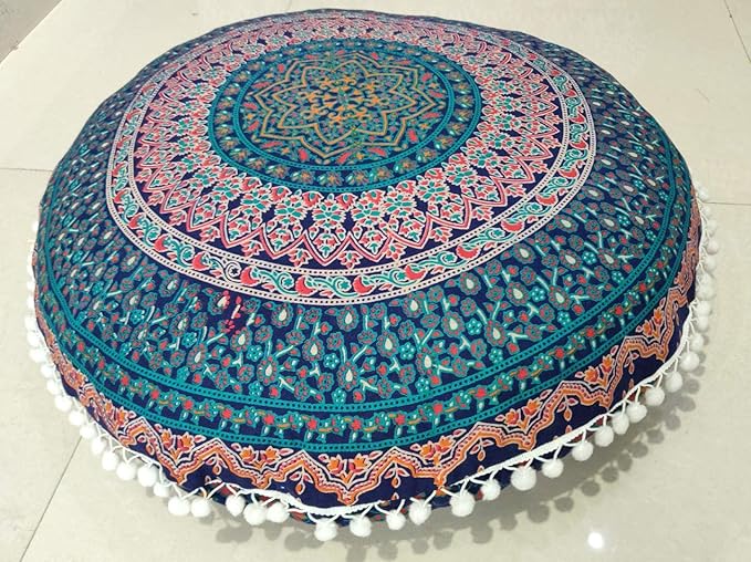 INDIAN CRAFT CASTLE 24" Brown Peacock Mandala Barmeri Large Floor Pillow Cover Cushion Meditation Seating Ottoman Throw Cover Hippie Decorative Zipped Bohemian Pouf Ottoman Pom Pom Cases 24" Round - Bloomnest