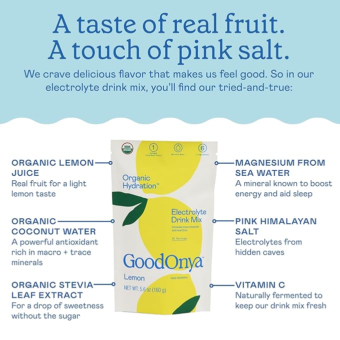GOODONYA Organic Hydration Electrolyte Drink Mix, Certified Organic Hydration Powder, Non-GMO, Biochecked Glyphosate Free, Low Sugar, Lemonade Flavor, No Artificial Flavors, 20 Servings - Bloomnest