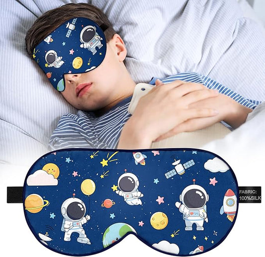 Kids Silk Sleep Mask: 100% Mulberry Silk Eye Mask with Adjustable Strap, Cute Sleeping Blindfold for Boys Girls Teens, Soft & Lightweight Eye Shade for Travel, Nap, Bedtime (Space Style) - Bloomnest