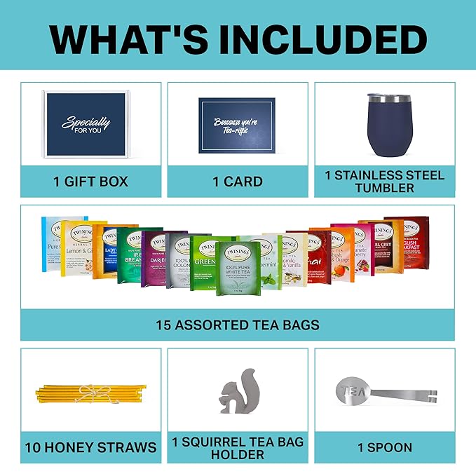 Tea Gifts for Women – Sampler Gift Basket with 15 Unique Blends, Honey Sticks, Stainless Tumbler & Gift-Ready Box (Blue/Blue box) - Bloomnest