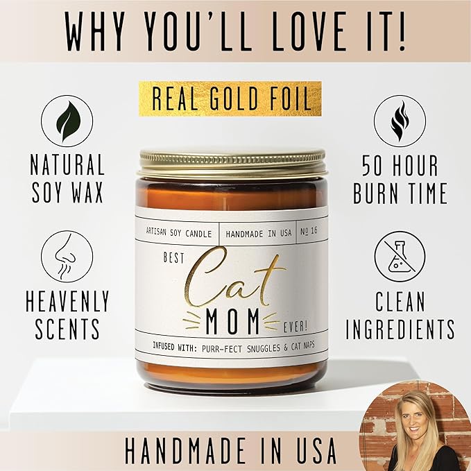 Cat Mom Gifts, Cat Gifts for Women Unique, Cat Lover Gifts for Women - 'Best Cat Mom Ever' Candle, w/Vanilla, Coconut & Vetiver I Cat Decor Themed I Cat Gifts for Cat Lovers I 50Hr Burn, USA Made - Bloomnest