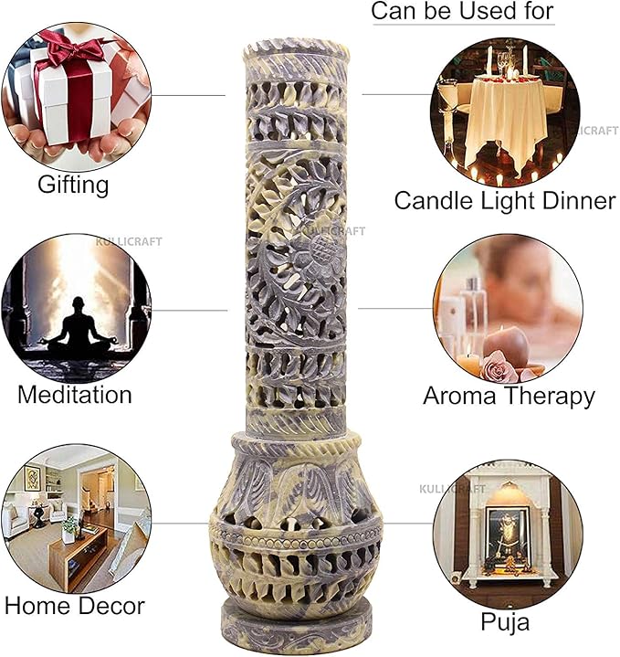 Carry Me Marble Soapstone Incense Stick Holder | Candle Burner | Tea Light Stand - Perfect Handmade Bottle Tower. Decorative Floral Carving for Gifting - Home and Office Decor - (2.5x2.5x10 Inches) - Bloomnest