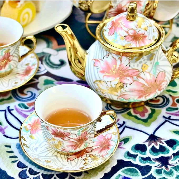 20 Pieces Porcelain Tea Set With Metal Holder, European Ceramic tea set for adults,Flower Tea Set,Tea Set For Women With Flower Painting (Large version, White) - Bloomnest