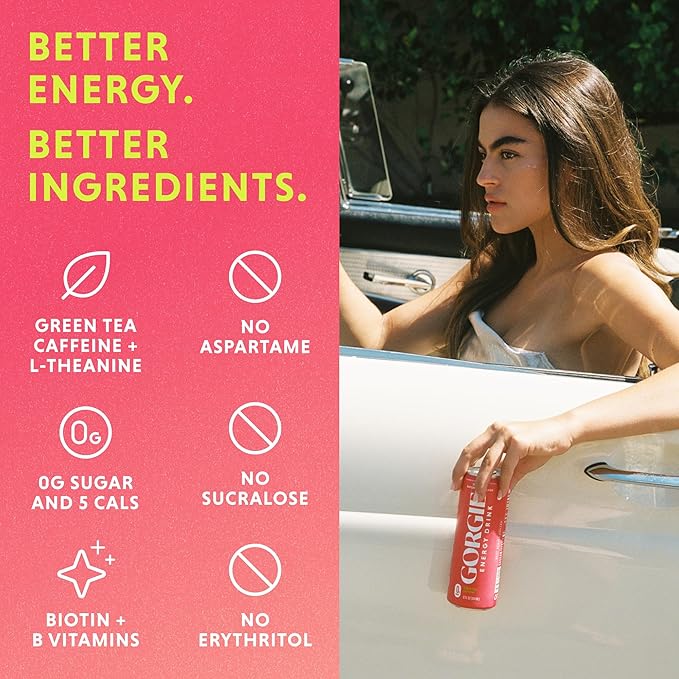 GORGIE Sugar Free Natural Energy Drinks, Sparkling Watermelon Crush (12 Pack) - Healthy Energy Drink - Natural Coffee Replacement with Green Tea Caffeine and Biotin, 150mg Caffeine, Vegan, Low Calorie - Bloomnest
