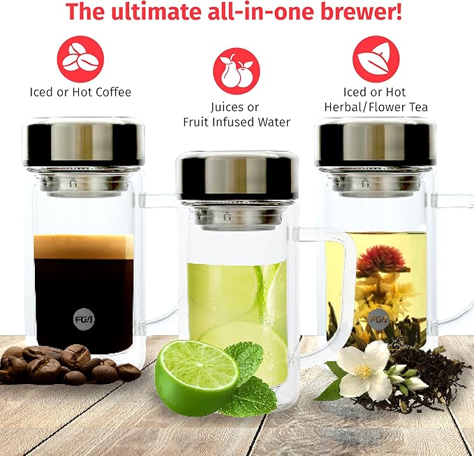 Custom 13oz/380ml Glass Infuser Tea Tumbler w/Handle, Durable Double-Walled Borosilicate Glass for Loose Leaf Tea & Coffee,304 Stainless Steel Lid & Strainer,Heat Resistant & Leak-Proof - Bloomnest