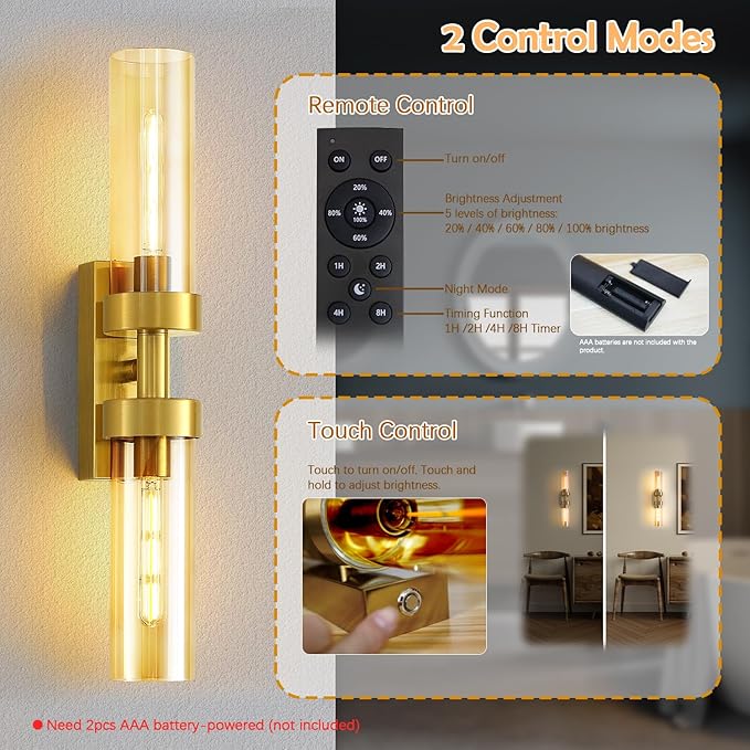 Rechargeable Wall Sconces Set of Two with Remote, Gold Battery Operated Wall Sconce with Amber Glass, Sconces Wall Decor Set of 2 Wall Light Fixtures for Bedroom Bathroom Mirror Living Room - Bloomnest