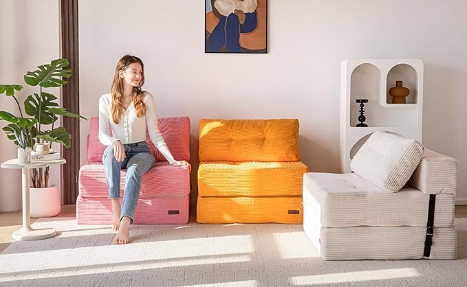 MAXYOYO Folding Sofa Bed, Convertible Sofa Bed with High-Density Support Foam, Portable 4 in 1 Fold Out Chair to Floor Lounger, Versatile Floor Couch for Living Room Bedroom, Orange - Bloomnest