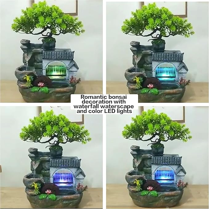 11" Desktop Fountain Rock Waterfall Humidifier with Artificial Tree &LED Light, Tabletop Water Fountains Indoor Fake Plant Bonsai Tree Feng Shui Decoration for Aquariums Office Bedroom Home Décor - Bloomnest