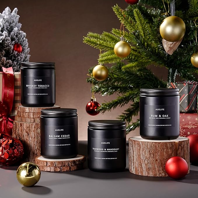 Winter Candle Gift Set for Men – 4 Pack Soy Candles with Balsam Cedar, Teak & Mahogany, Whiskey Tobacco, Rum & Oak – Masculine Scented Candles for Home, Christmas Gift Set for Dad Fathers Day - Bloomnest