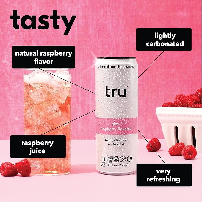 Tru Glow Seltzer, Sparkling Water with Biotin, Vitamin C, Vitamin A & Real Raspberry Juice, Sweetened with Monk Fruit & Stevia, Gluten Free, Vegan, Caffeine & Sugar Free, 12 FL OZ Cans, 12 Pack - Bloomnest