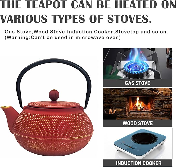30.4oz Small Cast Iron Teapot, Tea Kettle for Stovetop Safe Coated with Enameled Interior, Red Japanese Tetsubin, Tea Pot with Stainless Steel Infuser for Loose Tea(900ml) - Bloomnest