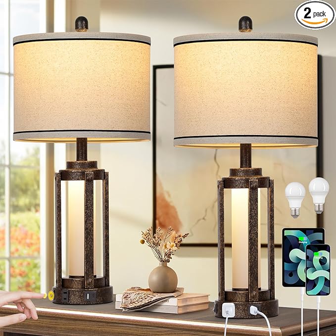 26" Farmhouse Table Lamps Set of 2, Vintage Rustic Industrial Beside Lamps with USB A+C Charging Ports & AC Outlet, Nightstand Lamp with Glass Night Light & Linen Fabric Shade for Living Room Bedrooms - Bloomnest