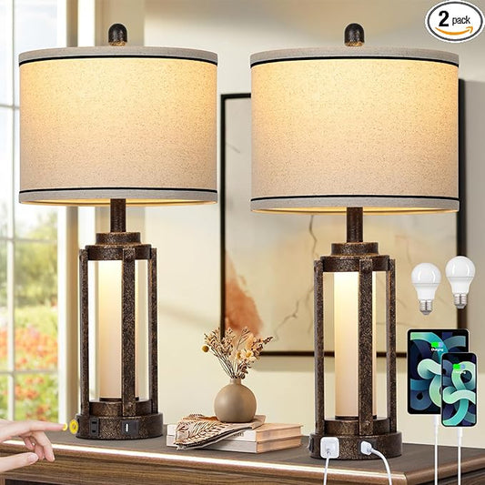 26" Farmhouse Table Lamps Set of 2, Vintage Rustic Industrial Beside Lamps with USB A+C Charging Ports & AC Outlet, Nightstand Lamp with Glass Night Light & Linen Fabric Shade for Living Room Bedrooms - Bloomnest