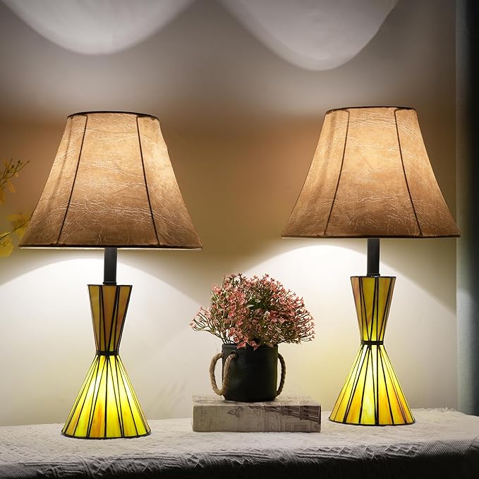 Set of 2 Glass Table Lamps with Stained Glass Night Lights 3-Way Dimmable Bedside Lamps with 12 inches Imitation Sheepskin Shade Modern Nightstand Lamps for Bedroom Living Room - LED Bulbs Included - Bloomnest