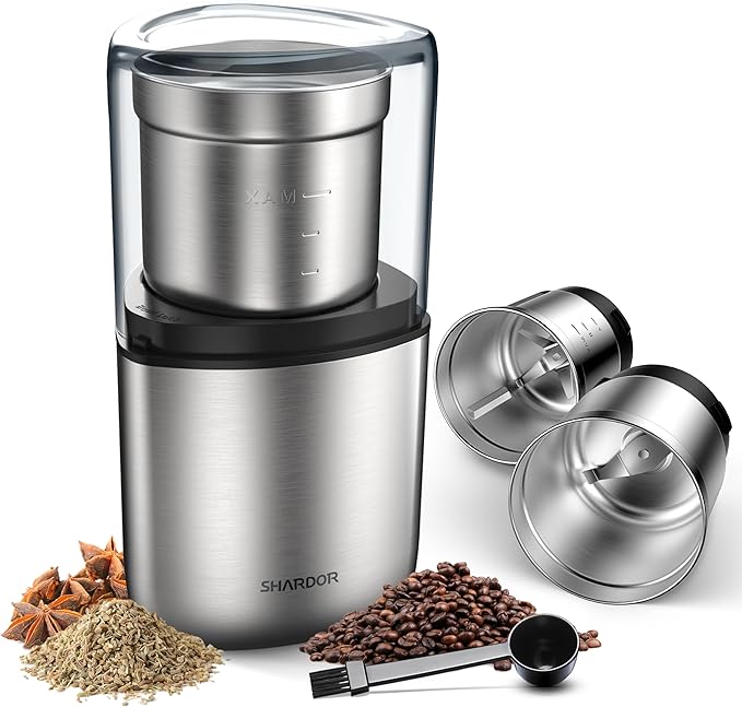 SHARDOR Coffee Grinder Electric Herb/Wet Grinder for Spices and Seeds with 2 Removable Stainless Steel Bowls, Silver - Bloomnest