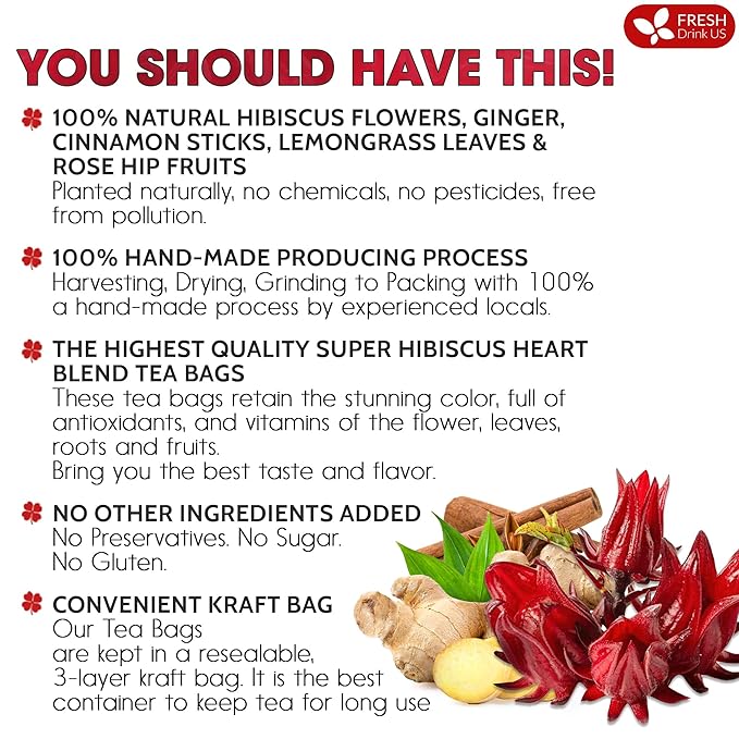 FreshDrinkUS, 60 Tea Bags Super Hibiscus Heart Blend– Herbal Tea with Hibiscus Flower, Ginger, Cinnamon Stick, Lemongrass & Rose Hip – Naturally Caffeine-Free, Sugar-Free, Vegan - Bloomnest