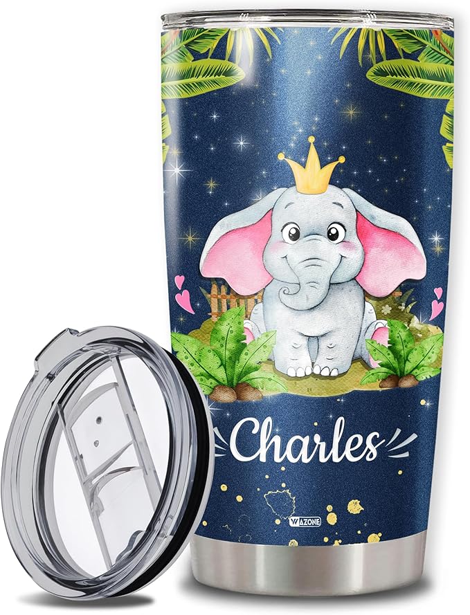 WAZONE Personalized Elephant Tumbler Customize Name Double Wall Vacuum Insulated Cup With Lid 20oz 30oz Funny Coffee Travel Mug Birthday Christmas Thing Gifts For Kids Girl Boy Animal Lovers - Bloomnest