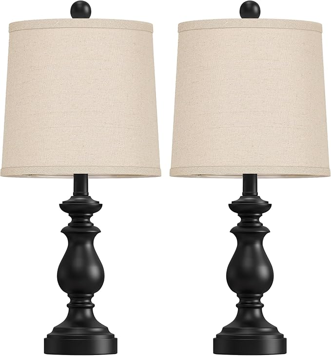 PARTPHONER Traditional Table Lamp Set of 2, Rustic Farmhouse Table Lamps for Living Room Bedroom, 22" Bedside Desk Lamps Vintage Nightstand Lamps with Linen Shades, Black - Bloomnest