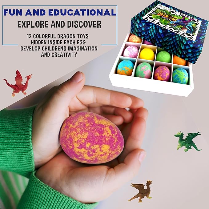 Bath Bombs for Kids with Surprise Inside - 12 Organic Bubble Bath Fizzies with Dragon Egg Toys. Gentle & Kids Friendly w/Rich Bubbles & Rainbow Colors, Stocking Stuffer Christmas Gifts for Boy, Girls - Bloomnest