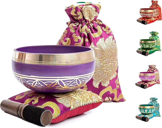 Tibetan Singing Bowl Set - Authentic Handcrafted Mindfulness Meditation Holistic Sound 7 Chakra Healing Gift by Himalayan Bazaar (Purple-Magenta) - Bloomnest