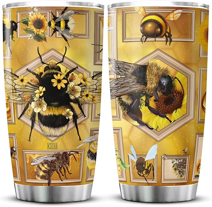 Bee Tumbler With Lid 20oz Stainless Steel Travel Cups Insect Animal Print Christmas Birthday Present For Girls Yellow Bee Themed Items Insulated Double Walled Coffee Mugs - Bloomnest