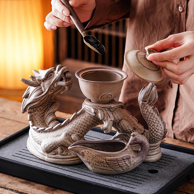 Ceramic Teapot with Infuser Semi Automatic Tea Set Magic Teapot with 8 cups Gradient Color (Retro Dragon- A) - Bloomnest