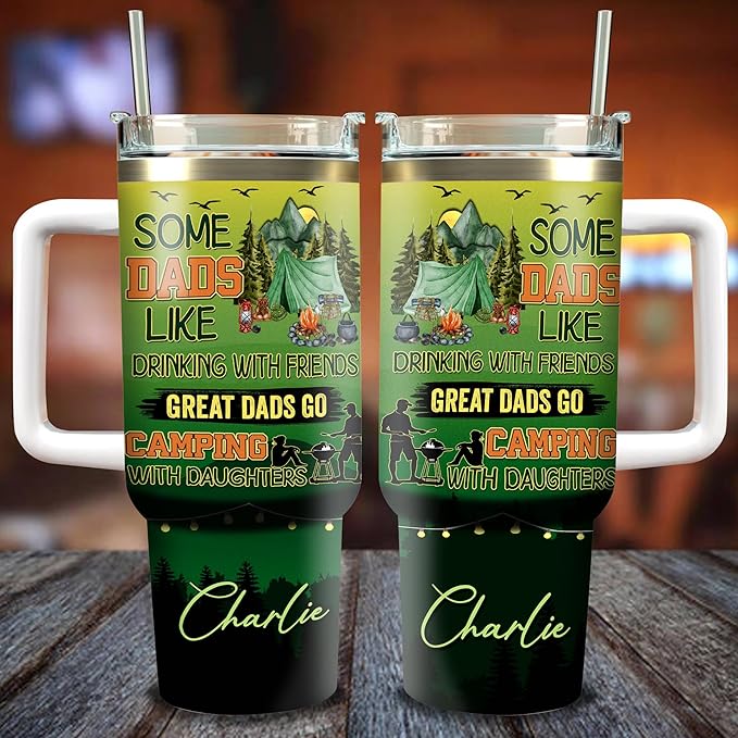 WAZONE Personalized Camping Dad Tumbler 40oz with Handle and Straw Great Dad Go Camping With Daughters Fathers Day Birthday Christmas Gifts for Fathers Grandpa from Daughter Son Kids - Bloomnest