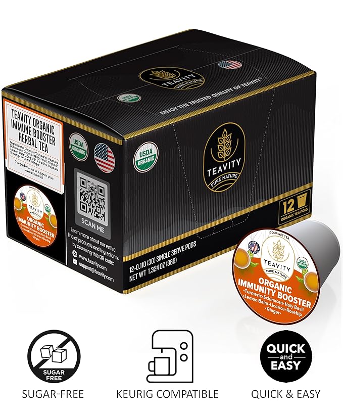 Organic Ginger Tea Pod with Echinacea, Turmeric, and Licorice for Keurig, Decaf by Teavity (36 Tea Pods) - Bloomnest