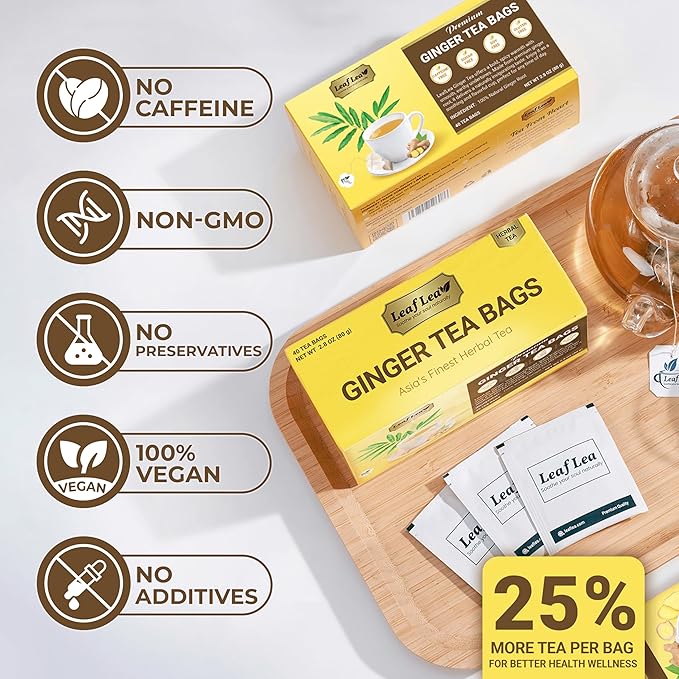 LeafLea 160 Ginger Tea Bags, Pure Ginger Root Herbal Tea, Spicy & Comforting, Supports Digestion & Immune Health, Caffeine Free, Sugar Free, Non-GMO, Vegan, Individually Wrapped for Freshness - Bloomnest