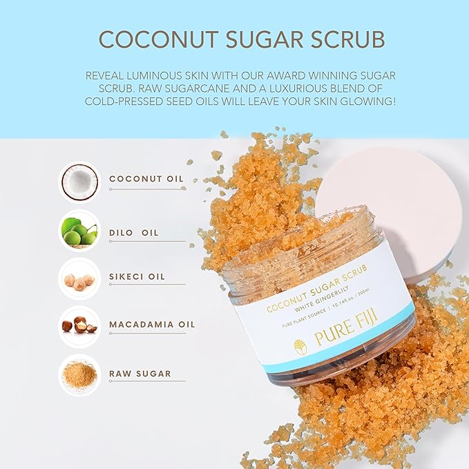 Pure Fiji Coconut Sugar Body Scrub, White Gingerlily (10.14 Oz /300ml) - Bloomnest