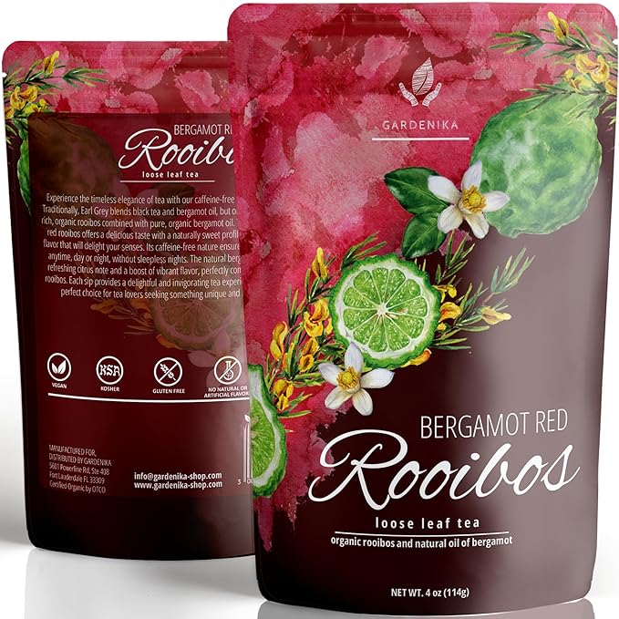 Gardenika Organic Earl Grey Rooibos Red Loose Leaf Tea with Bergamot Oil - 4 oz | Caffeine-Free Herbal Tea | Antioxidant Rich & Kosher Certified - Bloomnest