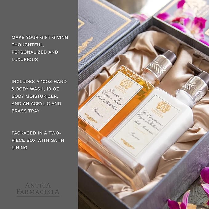 Antica Farmacista Acrylic Bath & Body Gift Set - Hand & Body Wash (10 oz), Body Moisturizer (10 oz) & Acrylic Tray - Self-Care Gift Box for Holidays, Birthdays & Housewarming - Prosecco - Bloomnest