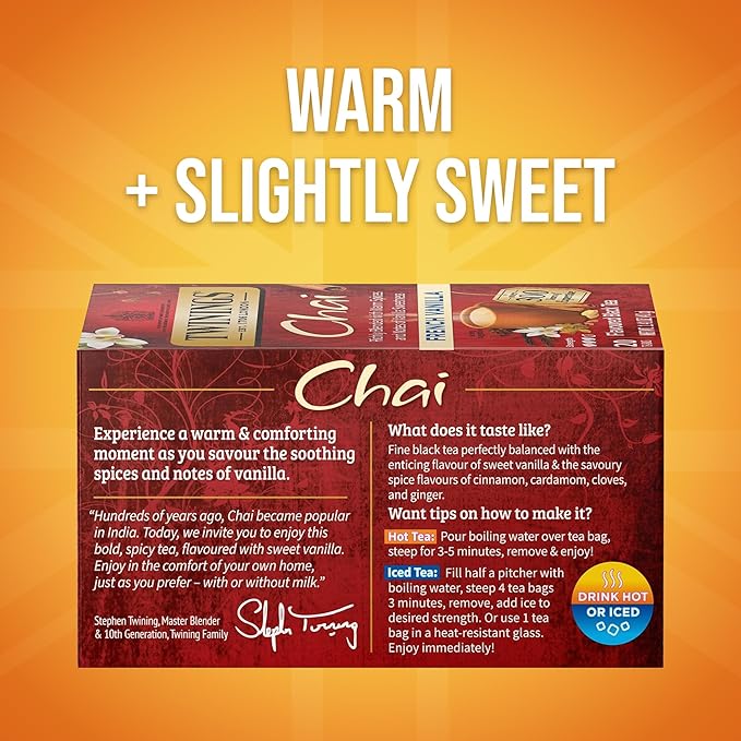 Twinings French Vanilla Chai Black Tea Individually Wrapped Bags, 20 Count (Pack of 6), Warm, Sweet & Spicy, Caffeinated, Enjoy Hot or Iced, 120 Teabags - Bloomnest