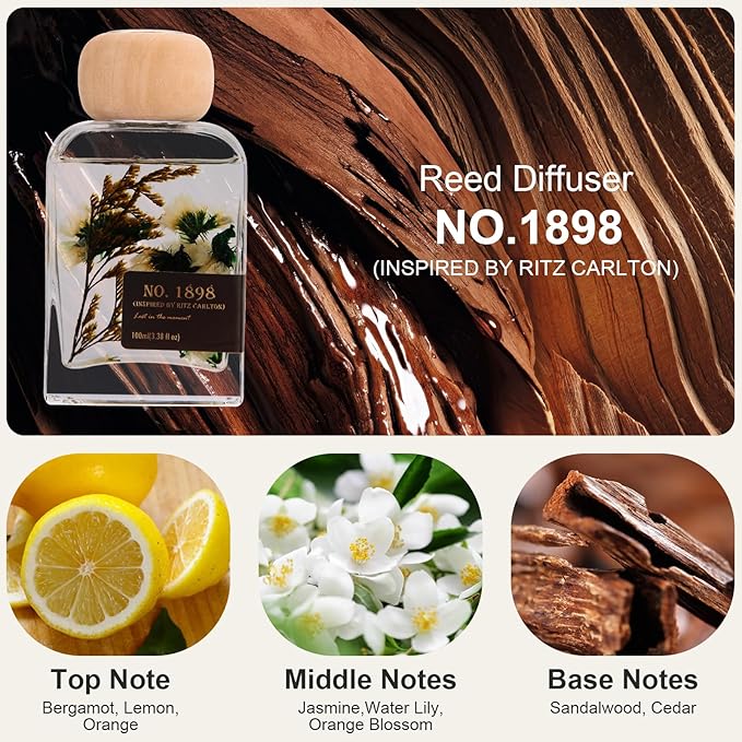 Luxury Hotel Scent Reed Diffuser 100ml (3.38oz) | No.1898 Hotel Collection Diffuser Oil Inspired by Ritz Carlton | Home, Bathroom & Office Decor | Long-Lasting Room Freshener Gift Set - Bloomnest