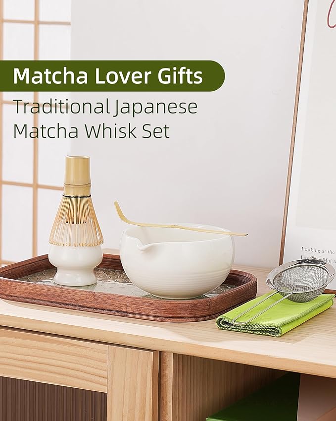 ZENS Matcha Whisk Set, 6pcs Matcha Kit Includes Ceramic Bowl, Handcrafted Bamboo Whisk and Chasen Holder, Scoop, 304 Sifter & Tea Mat，Matcha Set for Tea Ceremony,Latte Making, White - Bloomnest