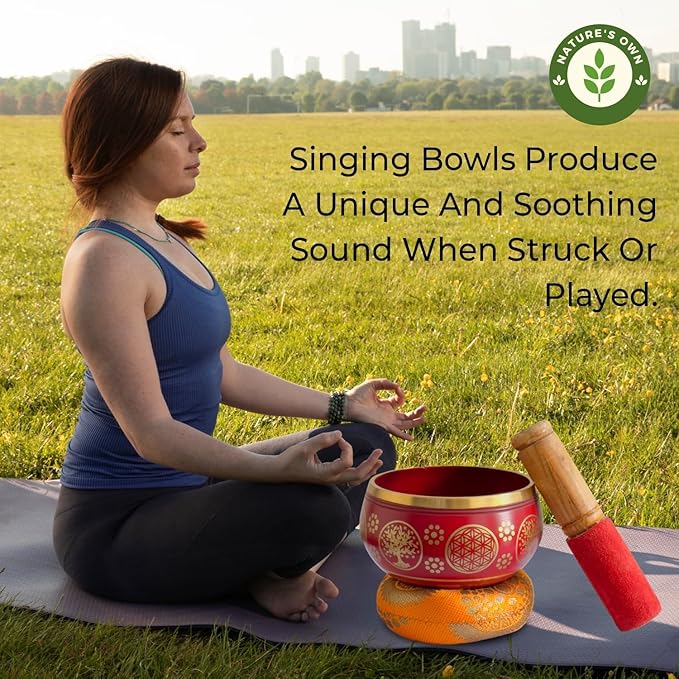 Nature’s Own Buddhist Tibetan Singing Bowl for Meditation - Authentic Metal OM Sound Bowl, Tibetan Prayer Instrument with Wooden Stick, Red 3.5 Inches - Deep Resonance for Healing & Relaxation - Bloomnest