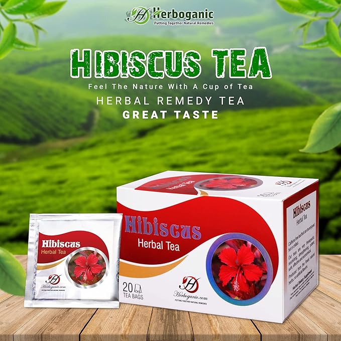 HERBOGANIC Hibiscus Herbal Tea - Digestion and Immune Support | Refreshing and Delicious Blend | Natural Ingredients | 20 Tea Bags - Bloomnest