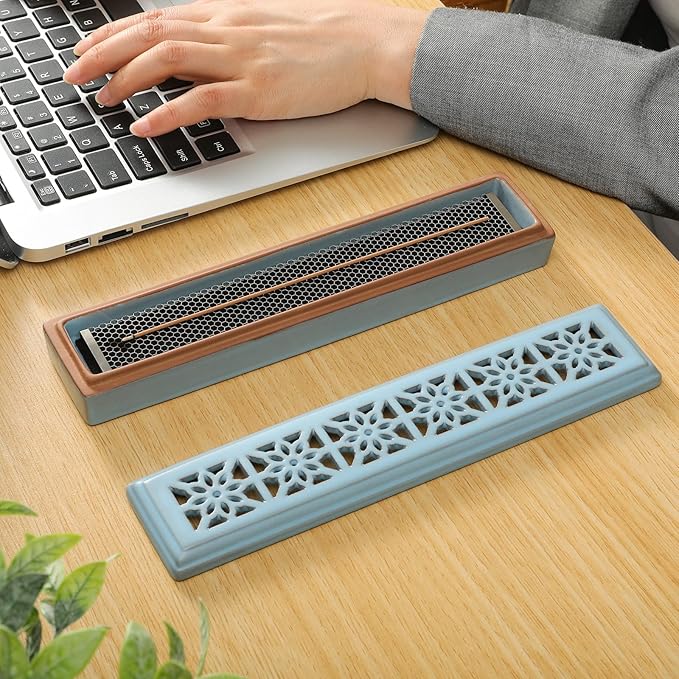 CEREMONY Incense Holder,Ceramic Incense Holder for Sticks with Ash Catcher,Coffin Style Incense Box,Incense Burner for Meditation Yoga Spa Room Decor(Blue)
