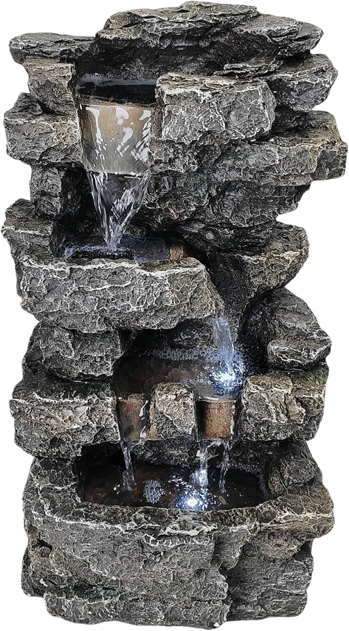 Tabletop Rock Waterfall Fountain with Led Lights - Indoor Decorative Desk Water Fountain, Multi-Tier Design, Quiet and Soothing, 6.29" l x 4.33" w x 11.02" h