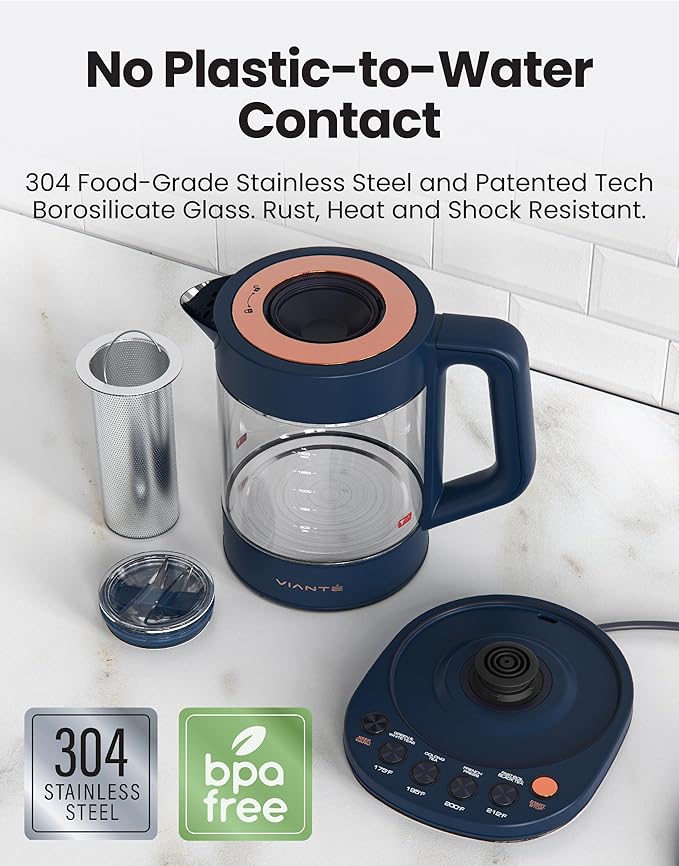 Vianté Electric Kettle With Infuser For Loose Leaf Tea. Hot Tea Maker With Temperature Control And Automatic Shut Off. Kettle With Brewing Programs. 1.5 Liters Capacity | Midnight Blue Color - Bloomnest