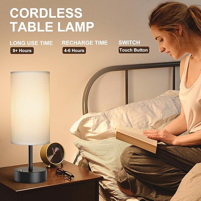 ROTTOGOON Cordless Table Lamp Touch Control Dimmable Small Bedside Table Lamps with Beige Fabric Shade 5000mAh Rechargeable Battery Powered Desk Lamp for Bedroom,Home,Office,Dorm-Black - Bloomnest