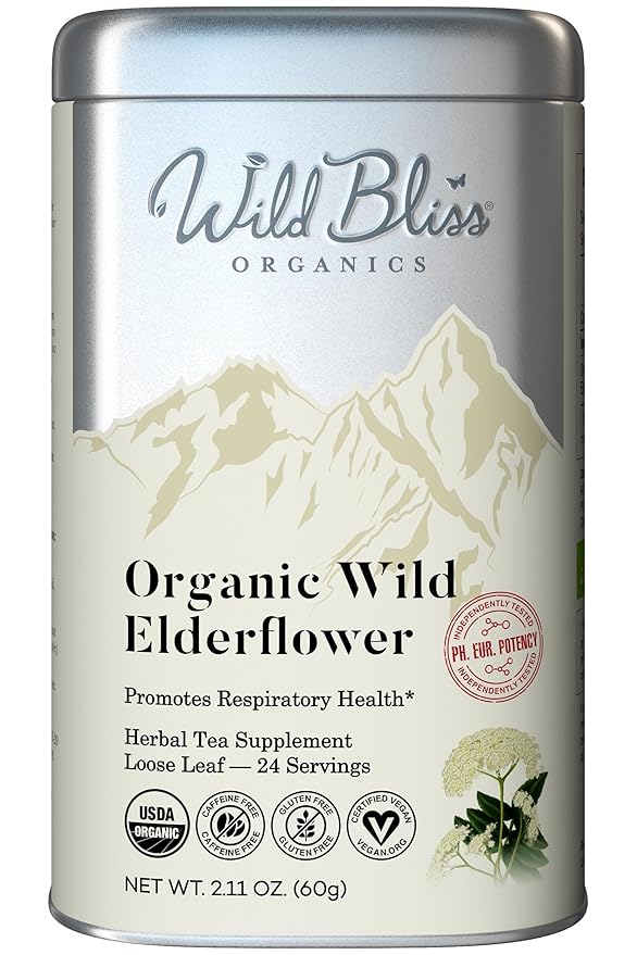 Wild Bliss Organic Elderflower Tea – Immune and Respiratory Support - Caffeine Free Loose Leaf Elder Flowers - 2.11 Ounces - 24 Servings - Bloomnest