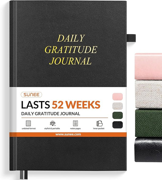 SUNEE Daily Gratitude Journal – 52 Weeks Simple 5 Minute Journal for Daily Reflection, Build Positivity and Mindfulness, Undated Minimalist Planner for Women & Men (Black)