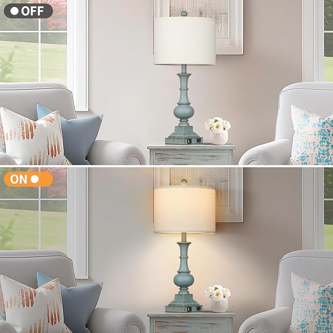Farmhouse Table Lamps Set of 2, 26" Vintage Rustic Touch Control 3-Way Dimmable Bedside Lamp with USB A+C Ports & AC Outlet, Blue Nightstand Lamp for Living Room Bedroom End Table(LED Bulbs Included) - Bloomnest