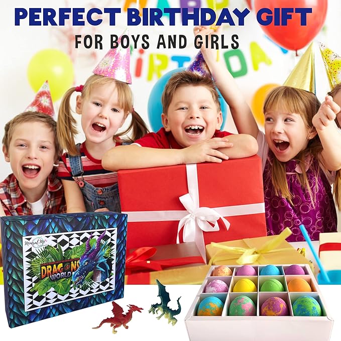 Bath Bombs for Kids with Surprise Inside - 12 Organic Bubble Bath Fizzies with Dragon Egg Toys. Gentle & Kids Friendly w/Rich Bubbles & Rainbow Colors, Stocking Stuffer Christmas Gifts for Boy, Girls - Bloomnest