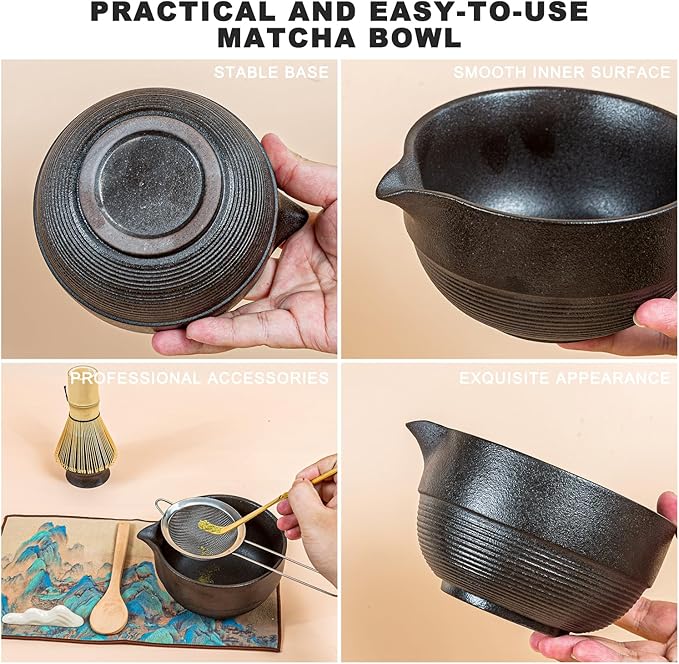 Matcha Set 7-Piece Tea Set with Brush, Bowl, Whisk, Strainer, Chasen, for Matcha Tea Ceremony (Black) - Bloomnest