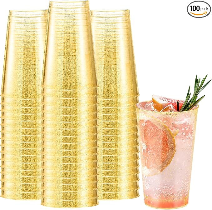 12 oz Gold Plastic Cups, 100 Pack Cold Party Drinking Cups, Plastic Cup Tumblers, Disposable Gold Cup for Party, Wedding, Halloween, Christmas - Bloomnest
