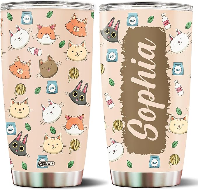Personalized Cat Tumbler Gifts for Girls Kids Daughter 20oz Travel Cup Coffee Mug Stainless Steel Insulated with Lid Custom Name Watter Bottle Gift for Cat Lover - Bloomnest