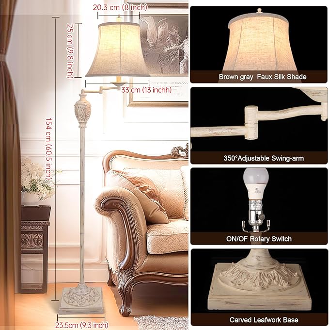 Traditional LED Floor Lamp with 350° Adjustable Swing Arm Lamp – Vintage Pole lamp Swing arm for Living Room, Bedroom and Office – Rustic Upright Floor Light for Home Décor with Faux Silk Fabric Shade - Bloomnest